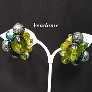 Vendome Green Beaded Earrings, Art Glass Aurora Borealis Beads, 1960s Vintage